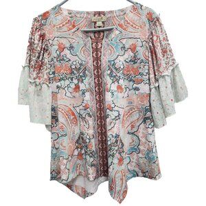 One World Womens BOHO Top Small Floral Bell Sleeve Pointed Hem Cottagecore
